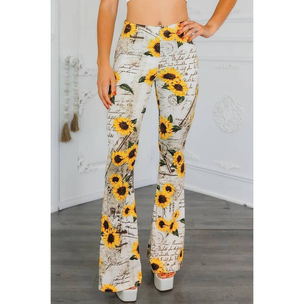 NEW SURELYMINE sunflower love letter buttery soft bell bottom pant in multi
